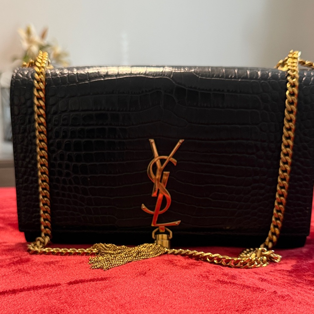 Yves Saint Laurent Black Croc-Embossed Shoulder Bag with Gold Chain